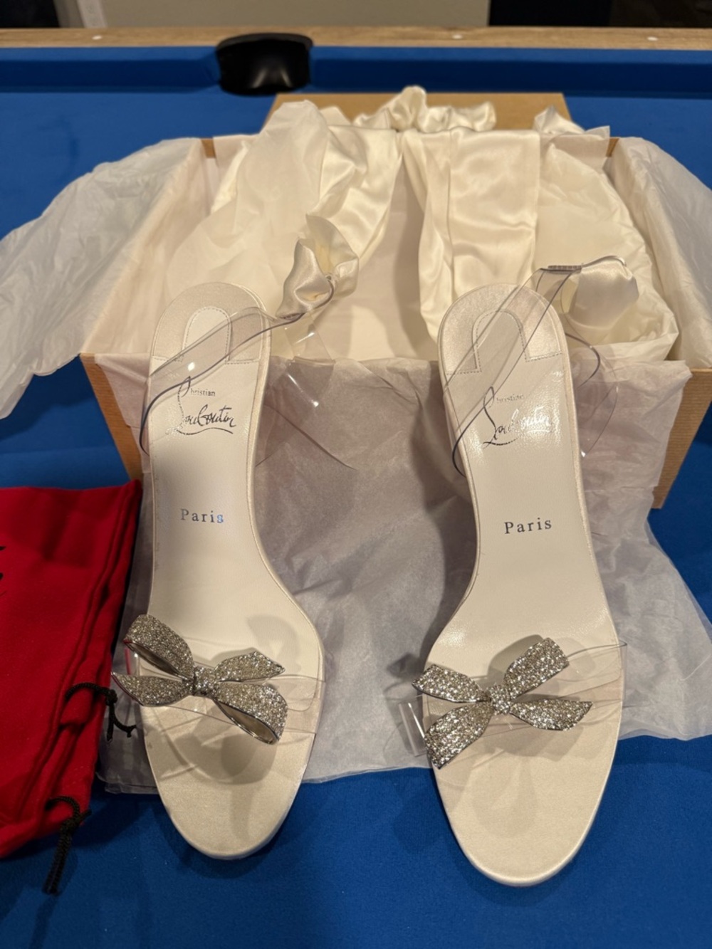 Christian Louboutin Ivory Satin Heels with Crystal Bow
